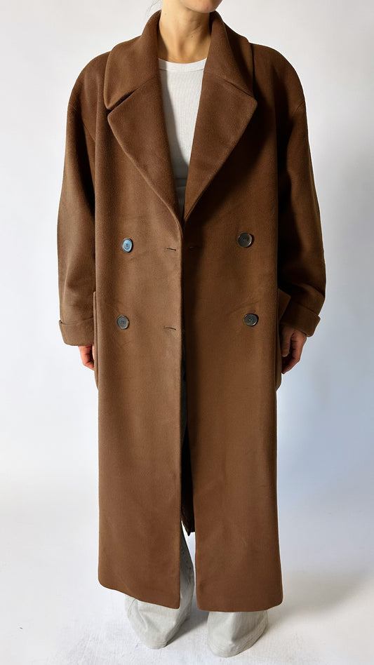 Oversized long wool coat | Brown