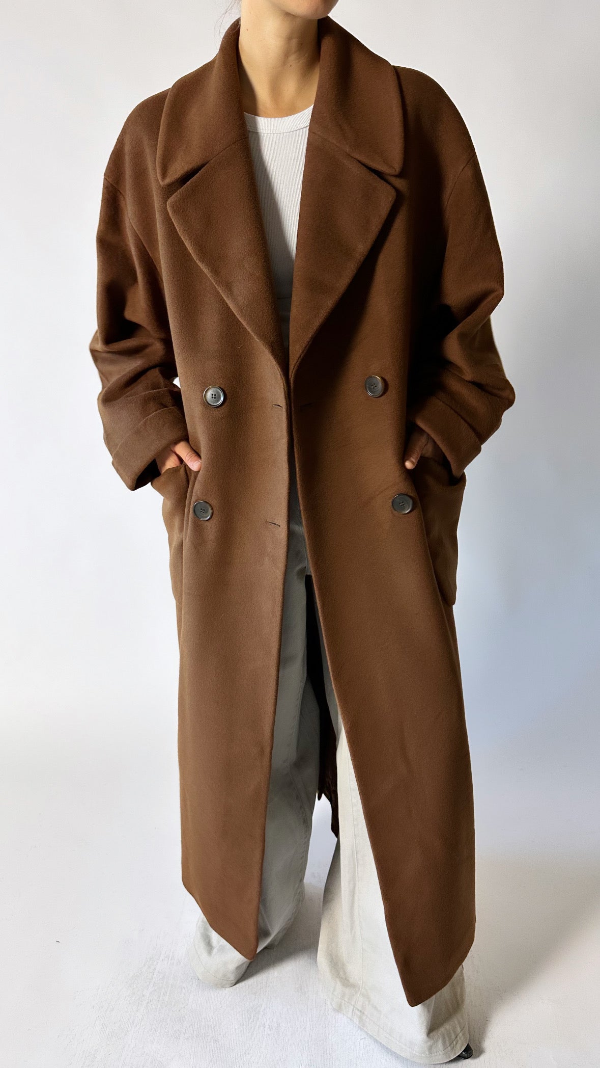 Oversized long wool coat | Brown