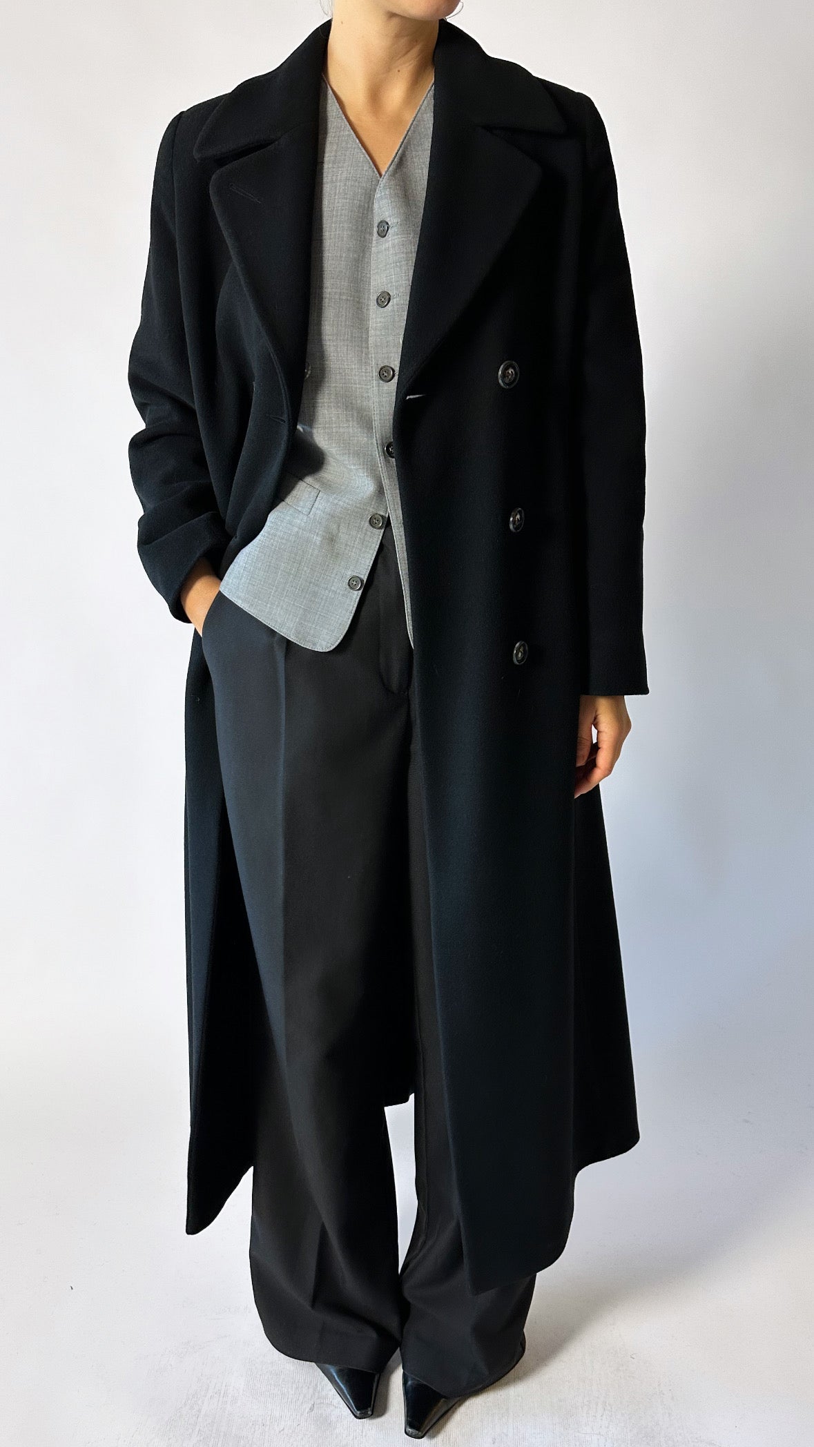 Doubled-breasted wool / cashmere coat | Black