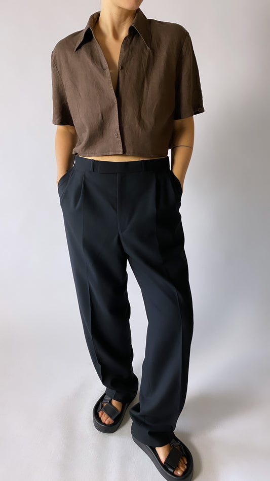 Cropped linen blouse brown - Upcycled