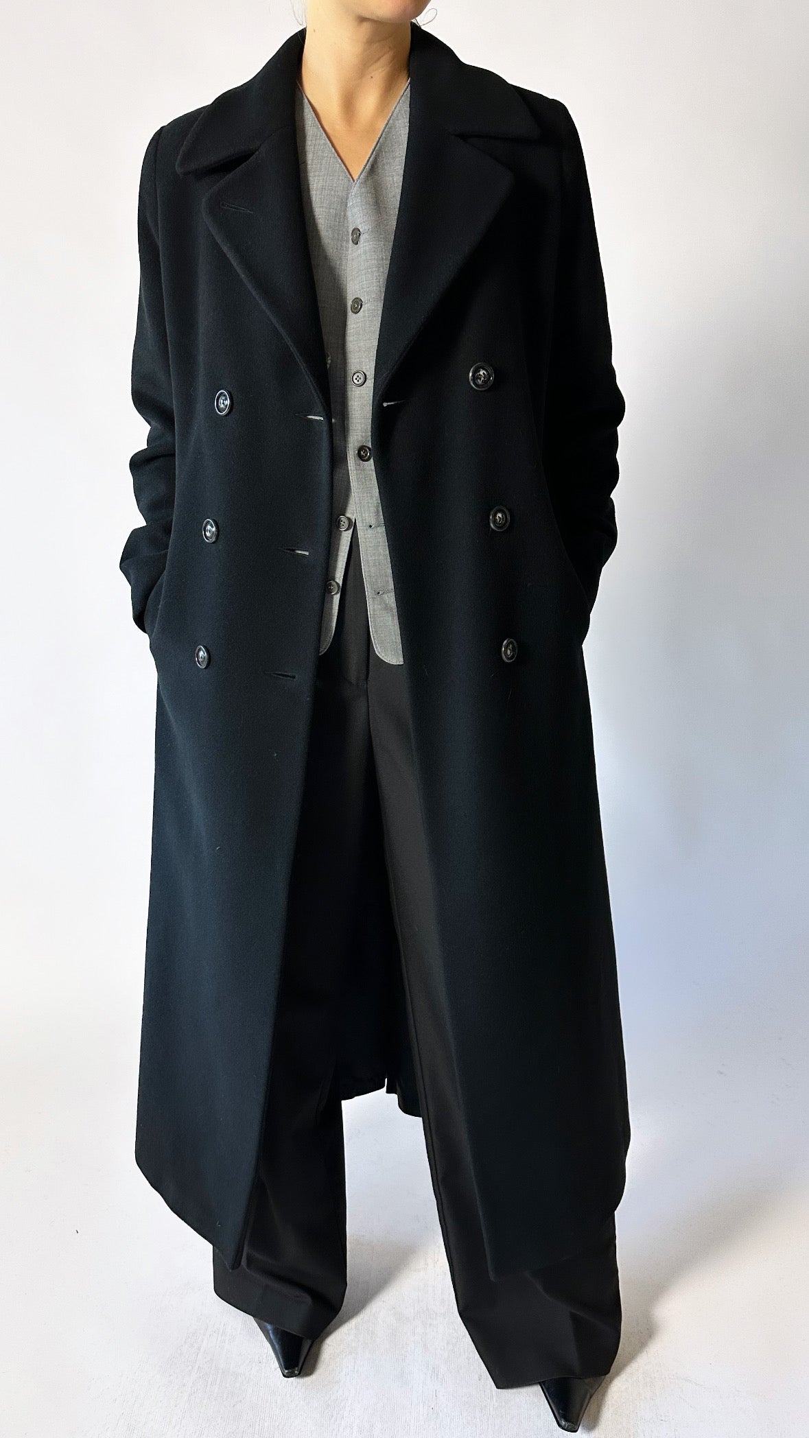 Doubled-breasted wool / cashmere coat | Black