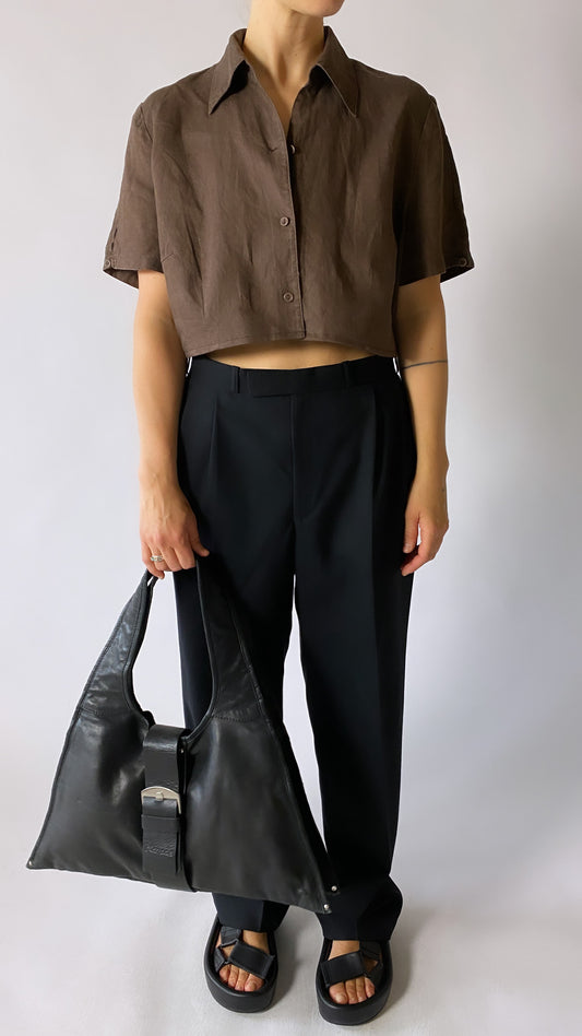 Cropped linen blouse brown - Upcycled
