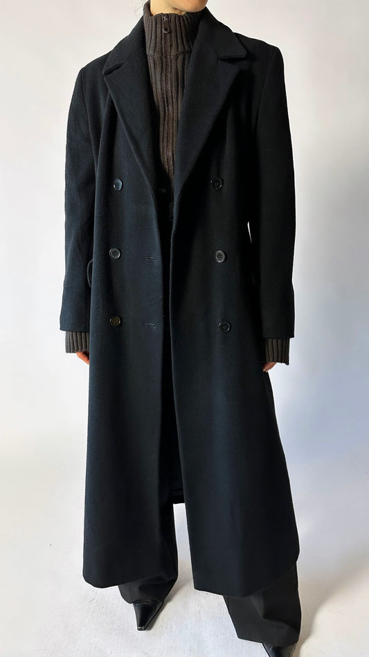 Double-breasted long wool coat | Black