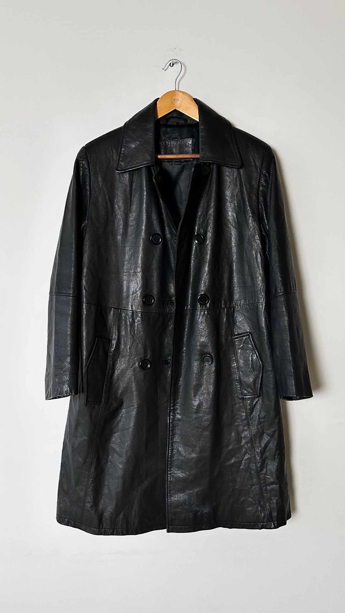 Double breasted leather coat | Black