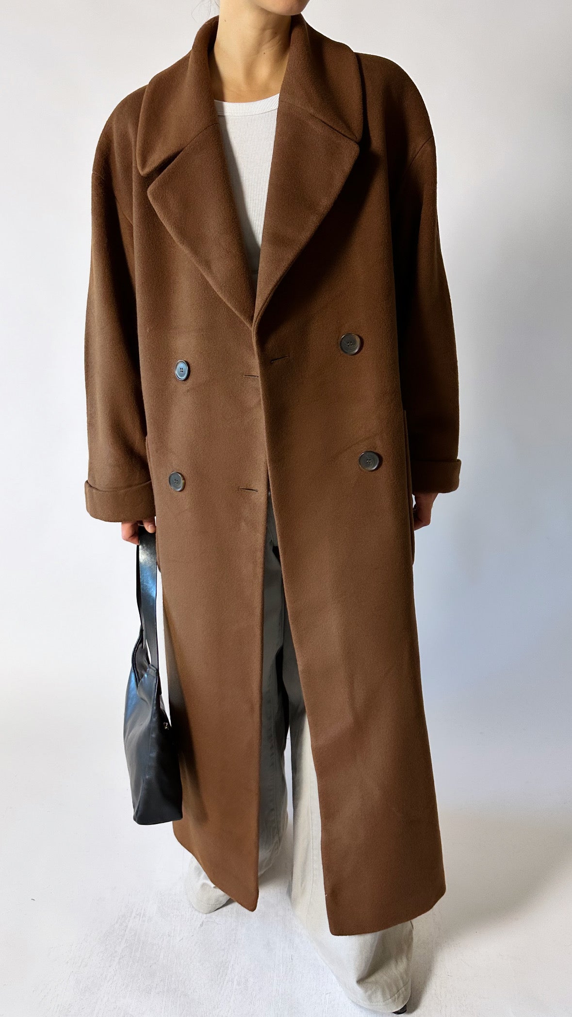 Oversized long wool coat | Brown