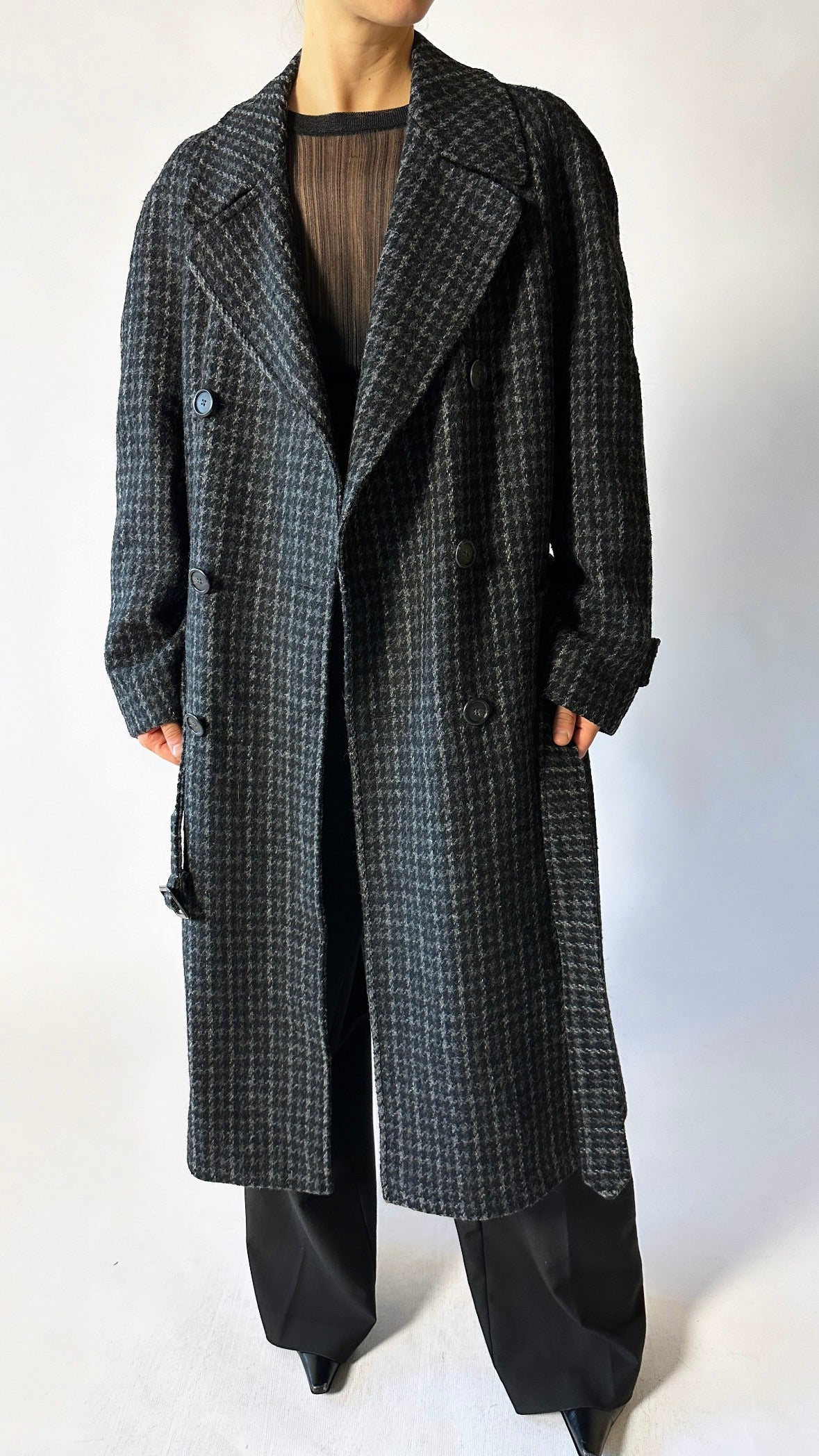 Belted wool trench coat | Grey houndstooth