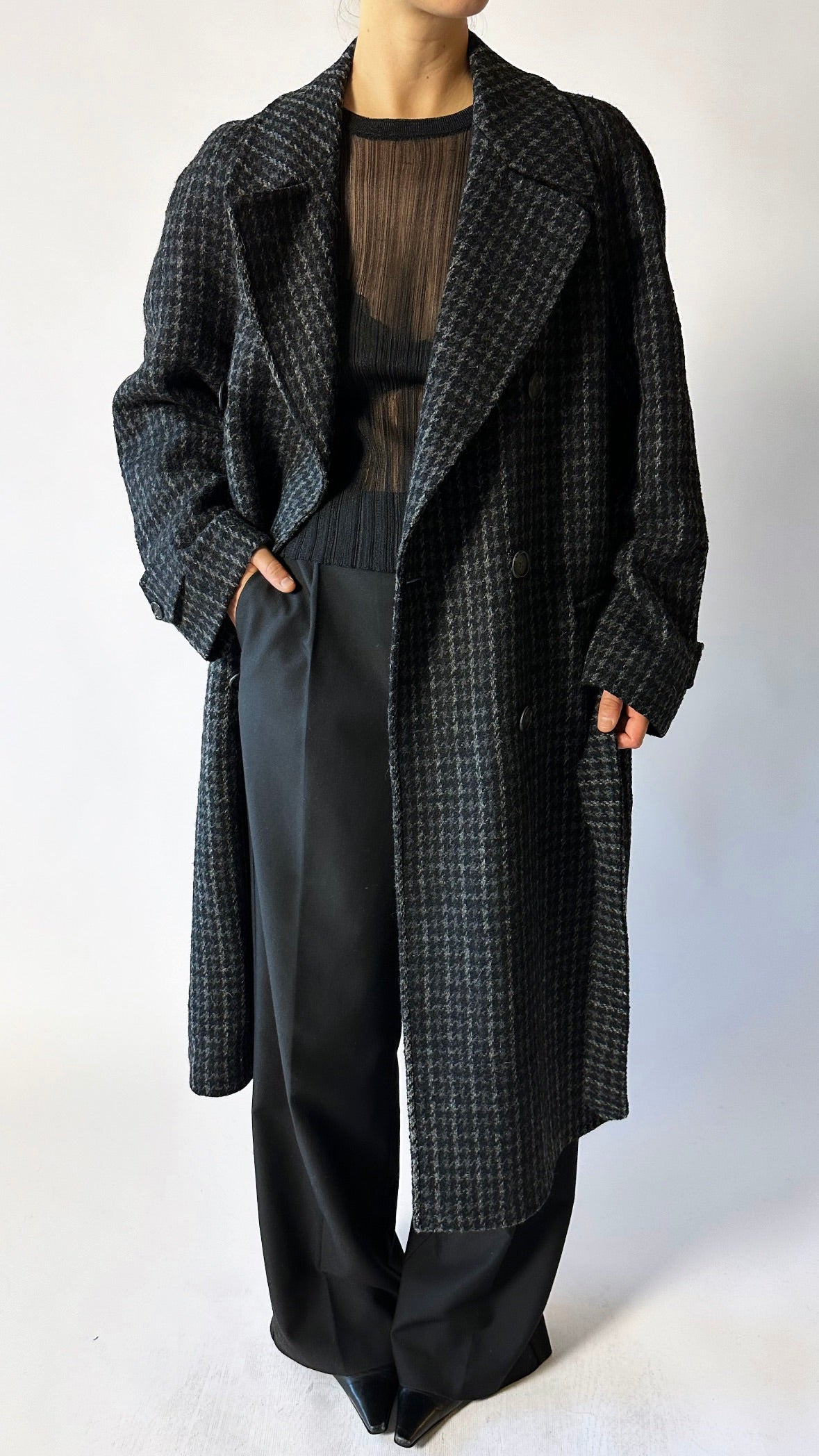 Belted wool trench coat | Grey houndstooth