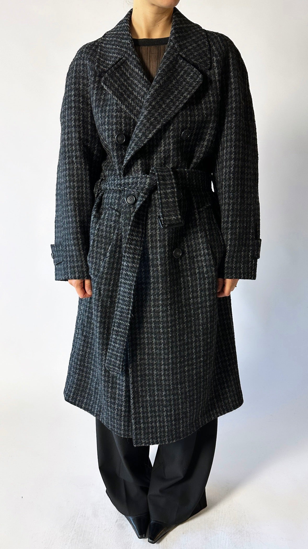 Belted wool trench coat | Grey houndstooth