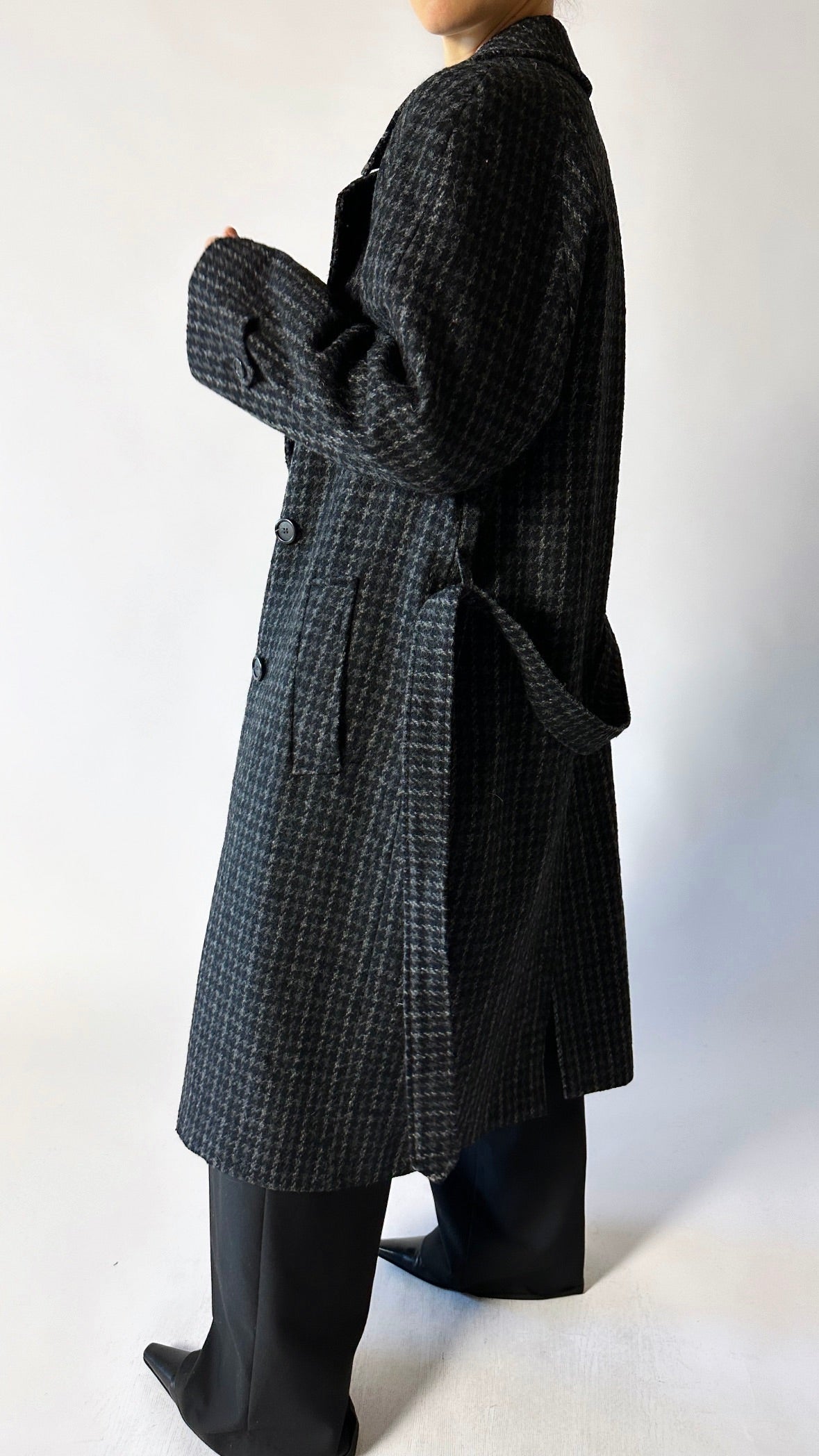 Belted wool trench coat | Grey houndstooth