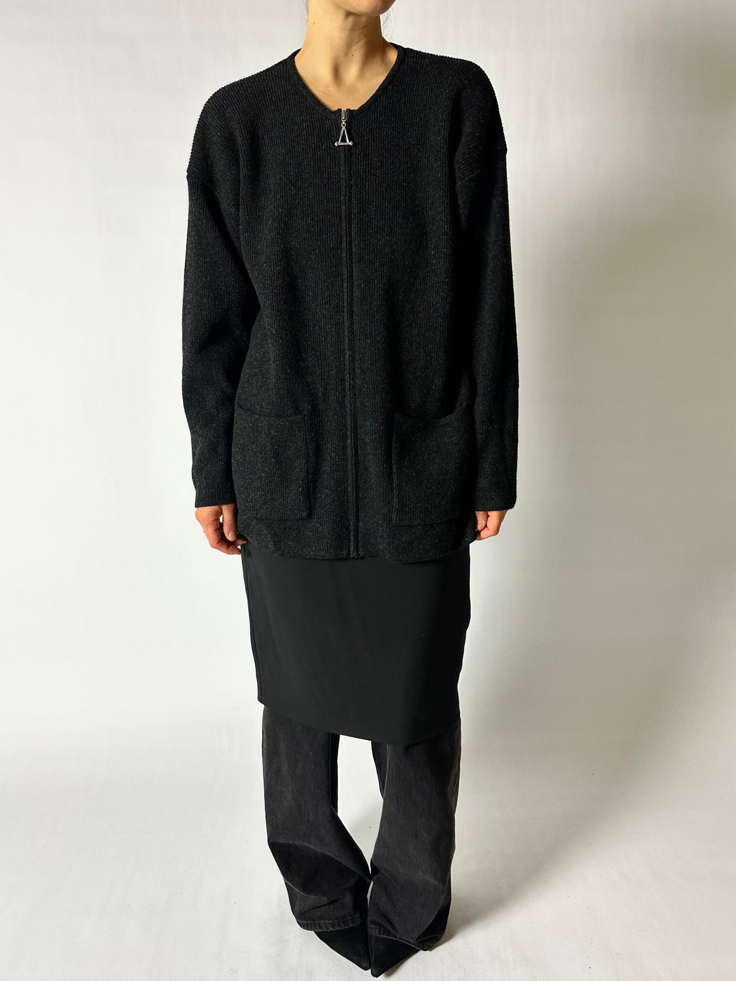 Zip wool cardigan | Black