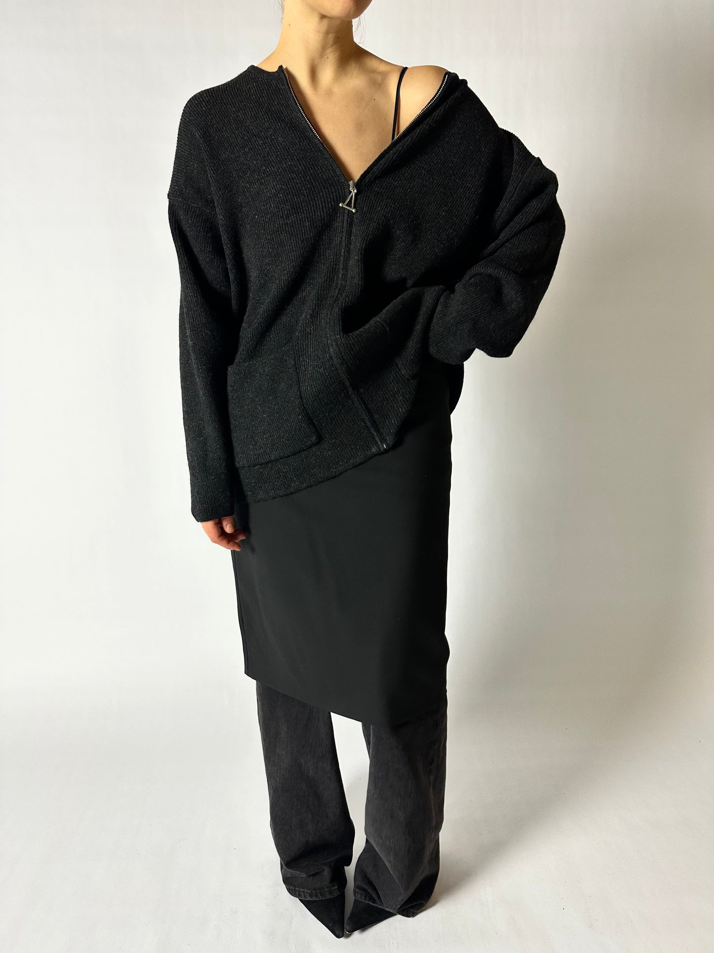 Zip wool cardigan | Black