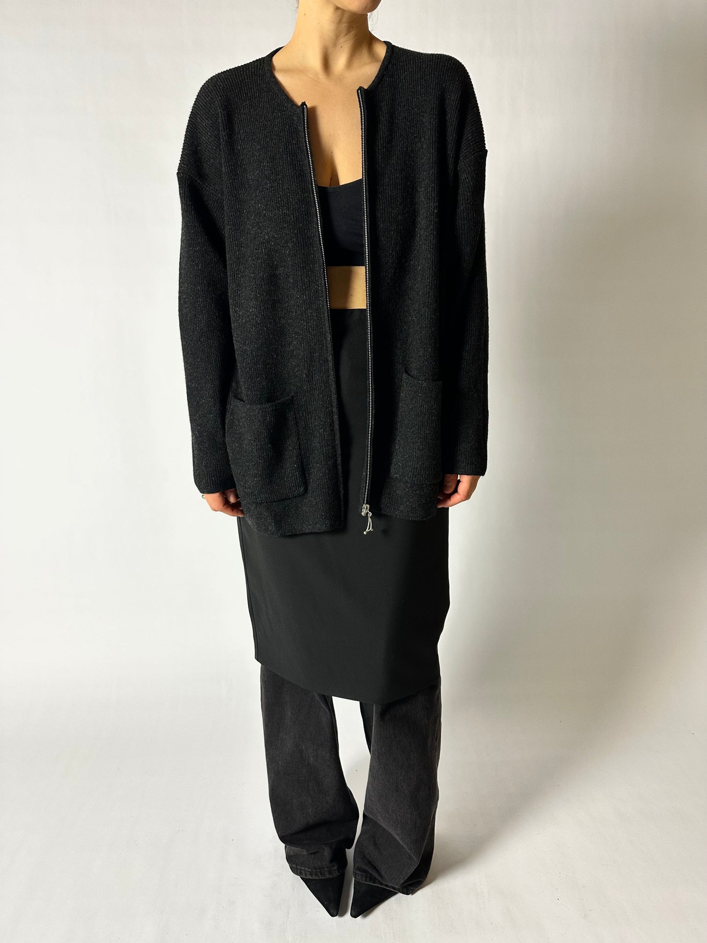 Zip wool cardigan | Black